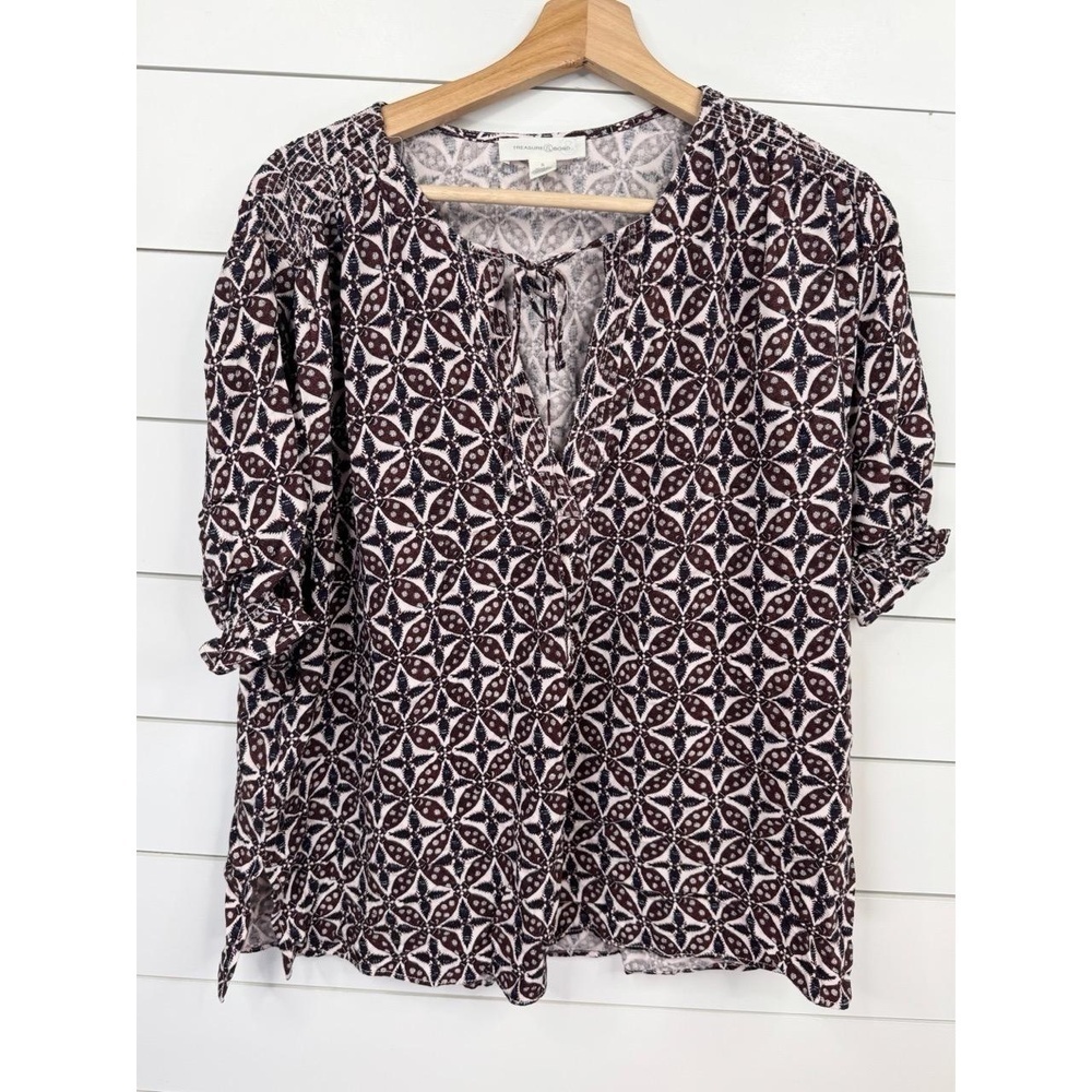 TREASURE & BOND Womens Blouse Size S Multi Geometric V-Neck Shirred Oversized